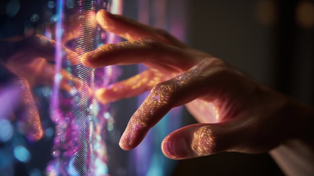 Hand interacting with a colorful holographic digital interface - Powered by Adobe