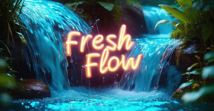 Vibrant waterfall scene. Neon text reads Fresh Flow. Lush greenery surrounds cascading water, creating dynamic composition.