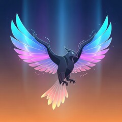 Majestic mythical bird with vibrant glowing rainbow wings flying through divine light beams, a fantasy vector illustration of a magical phoenix