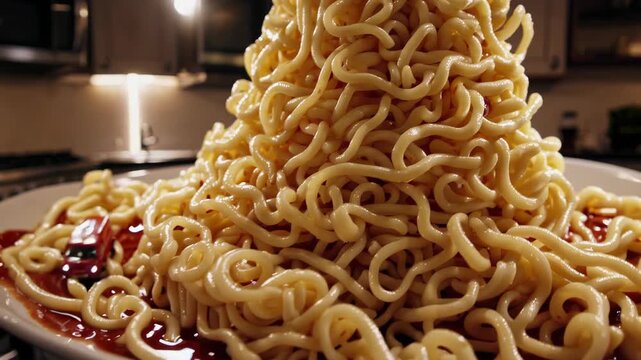 Instant noodles cascading onto plate, forming appetizing noodle mountain with vibrant tomato sauce in contemporary kitchen environment