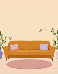 Cozy Living Room Interior Design Orange Sofa, Plants, and Pastel Accents