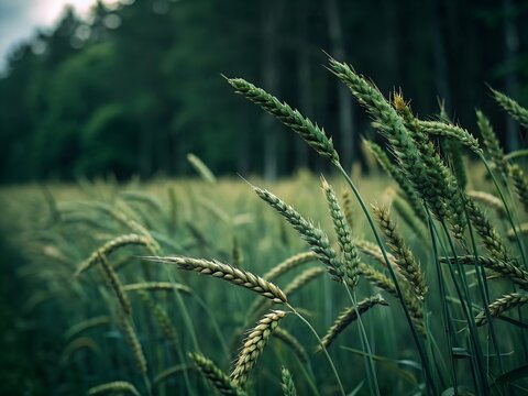 Green wheat field with forest in the background