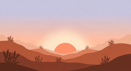 A tranquil vector illustration of a desert landscape at sunset, with warm colors and rolling hills creating a serene and peaceful atmosphere