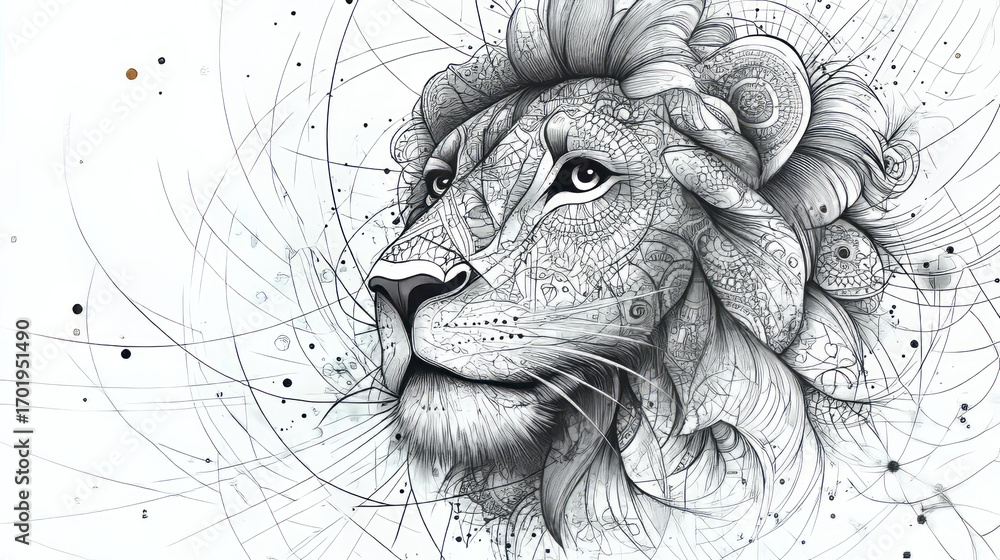 Aufkleber a detailed monochrome drawing of a lion's head with intricate patterns and abstract lines surroundin