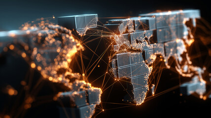 Digital world map with glowing orange and blue lines represents global connectivity and data exchange, highlighting concept of international networks and communication