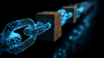 Digital chain connects series of boxes, symbolizing secure and efficient supply chain management. glowing blue chain represents technology role in enhancing logistics and cross border payments
