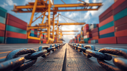 Close up view of heavy chain on dock with colorful shipping containers and cranes in background, symbolizing global trade and supply chain resilience
