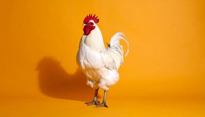 A stately white rooster stands proudly against a vibrant orange backdrop, showcasing its striking plumage and shadow.