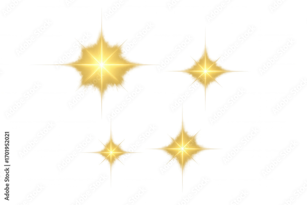 Poster four golden glowing light effect stars on a transparent background, perfect for adding a touch of sp