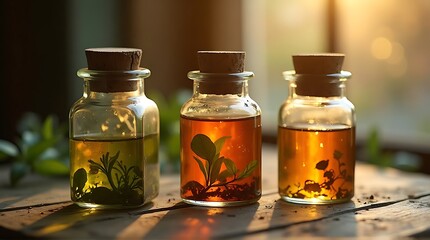 Three glass bottles with corks containing herbs in infused liquid on wooden table