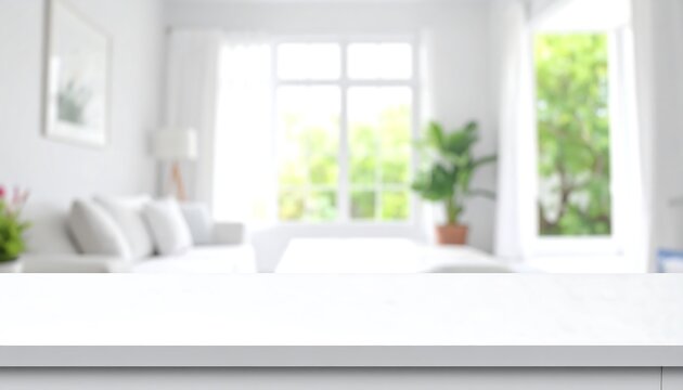 A bright, airy living room scene, softened by shallow depth of field, showcases a pristine white table and a tranquil, natural setting.
