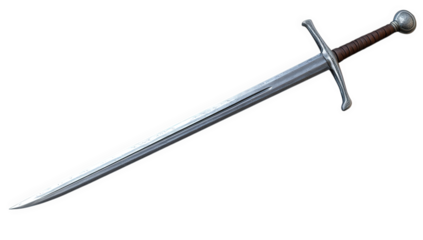 Medieval longsword with steel blade and brown handle isolated on transparent background