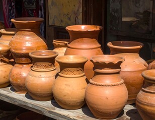 Several terracotta pottery jugs and jars of varying shapes and sizes sit on a rustic wooden shelf, displaying intricate hand-carved designs and warm, earthy tones.