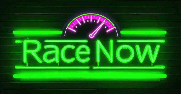 Neon sign displays RaceNow text above speedometer graphic. Bright green illumination dominates dark background. Modern design.