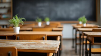 Classroom Interior Featuring Wooden Desks and Potted Plants against a Blackboard Backdrop, Ideal for Educational Concepts