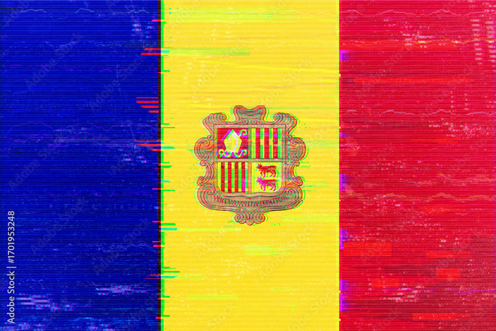 Poster digitally distorted image presents a glitch art rendering of the andorra flag featuring its national