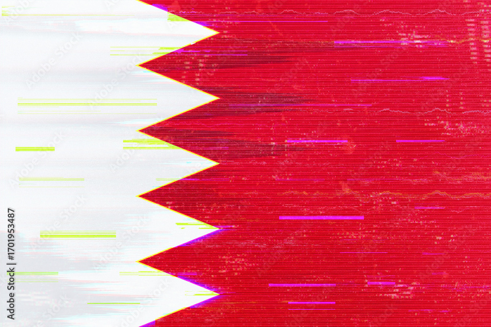 Poster abstract digital rendering of a flag design featuring white and red colors, utilizing a glitch art s