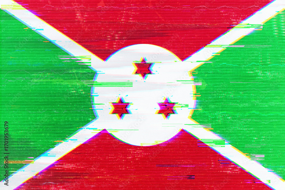 Poster a digitally distorted burundi flag featuring vibrant red and green with geometric elements, this ima
