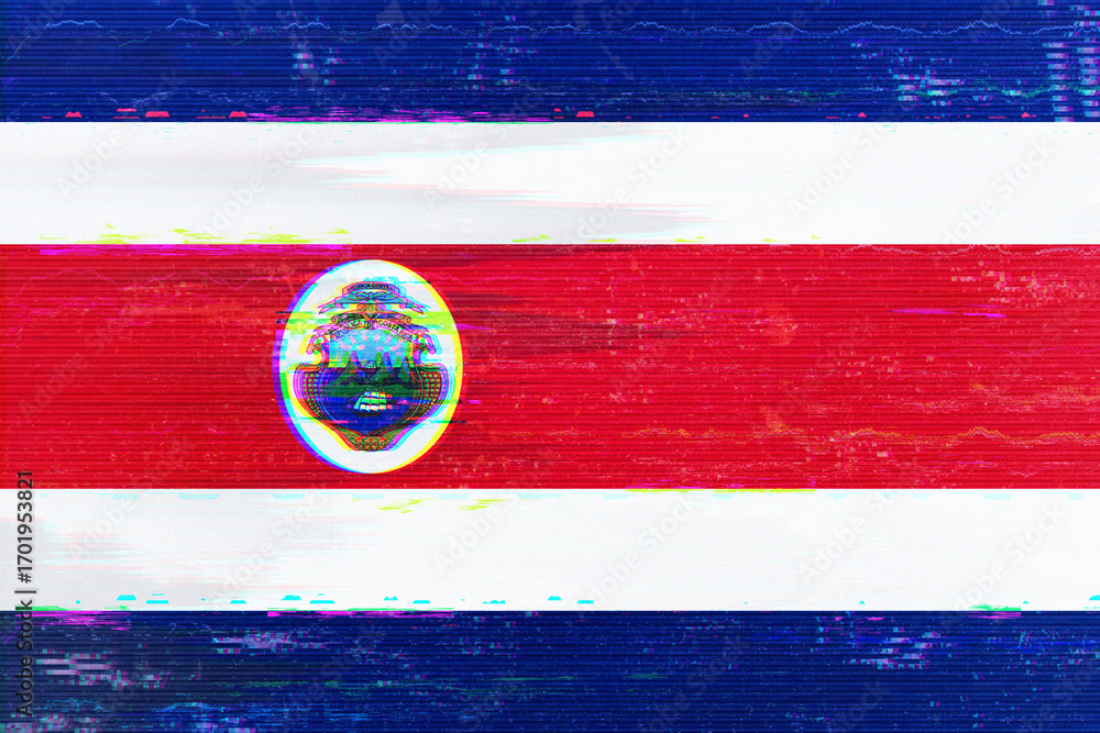 Poster a stylized and abstract representation of the costa rican flag is presented with glitch art effects,
