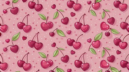 Cherry pattern and hearts on pink background, creating a bright, cheerful, and refreshing seasonal background