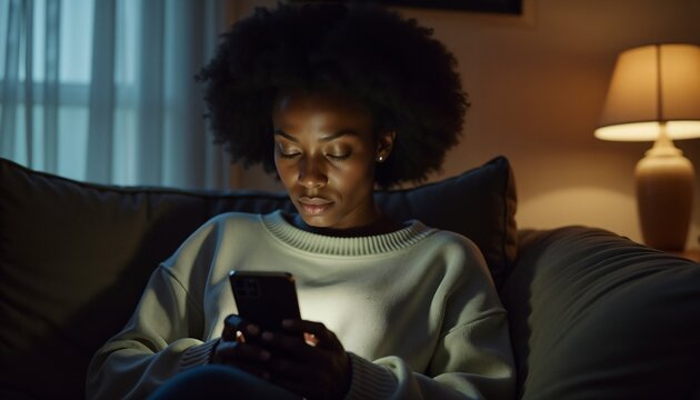 African American woman experiencing digital burnout staring at phone in dark living room - Powered by Adobe