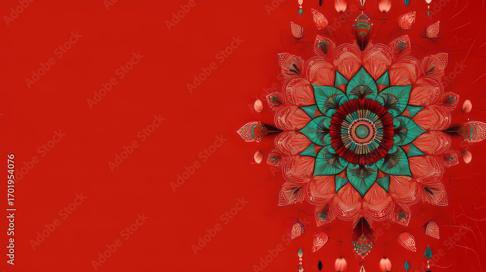 Poster a vibrant symmetrical floral design with teal and red hues creating a captivating visual pattern art