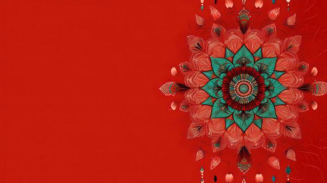 A vibrant symmetrical floral design with teal and red hues creating a captivating visual pattern art piece