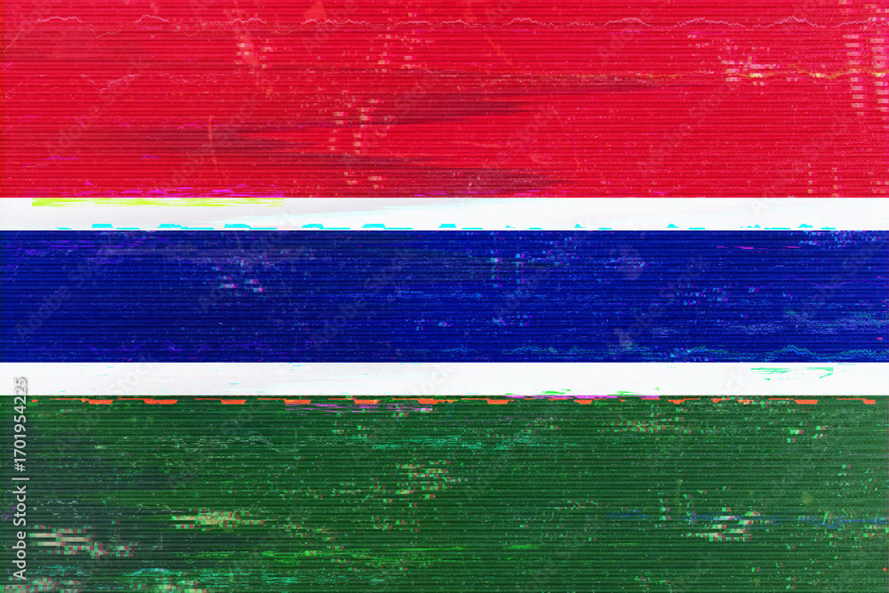 Poster a digitally altered image displays the gambian flag colors in horizontal stripes, evoking a sense of