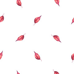 Bright autumn leaves in warm colors. Seamless pattern. Hand-painted watercolor illustration. Isolated on a white background. For decoration, textile, prints, packaging, wrapping paper.