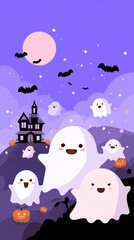 Naklejka premium Halloween festive cartoon background with cute ghost castle, jack-o-lantern and bats under moonlight branches, holiday celebration illustration for kids party invitation and social media banner 
