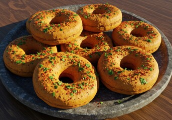 Freshly Baked Colorful Donuts with Sprinkles on Rustic Wooden Platter