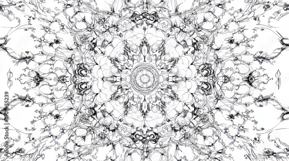 Poster a symmetrical abstract pattern with a central circular element and intricate swirling designs in bla