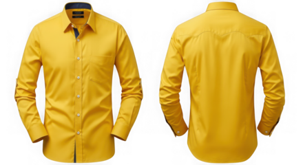 Yellow long sleeve dress shirt front and back isolated on transparent background