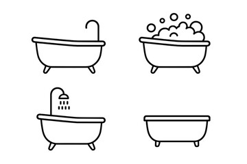Bathtub line icon set. Simple bath with shower, bubbles and foam vector collection. Bathroom hygiene outline pictogram pack. Minimalist editable stroke clip art for web.