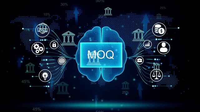 Digital brain with M O Q text and global network connections financial icons business growth concept