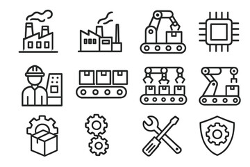 Manufacturing and industry outline icon set. Factory automation, robotic arm, and conveyor belt production line icons. Vector symbols for technology, engineering, and logistics.
