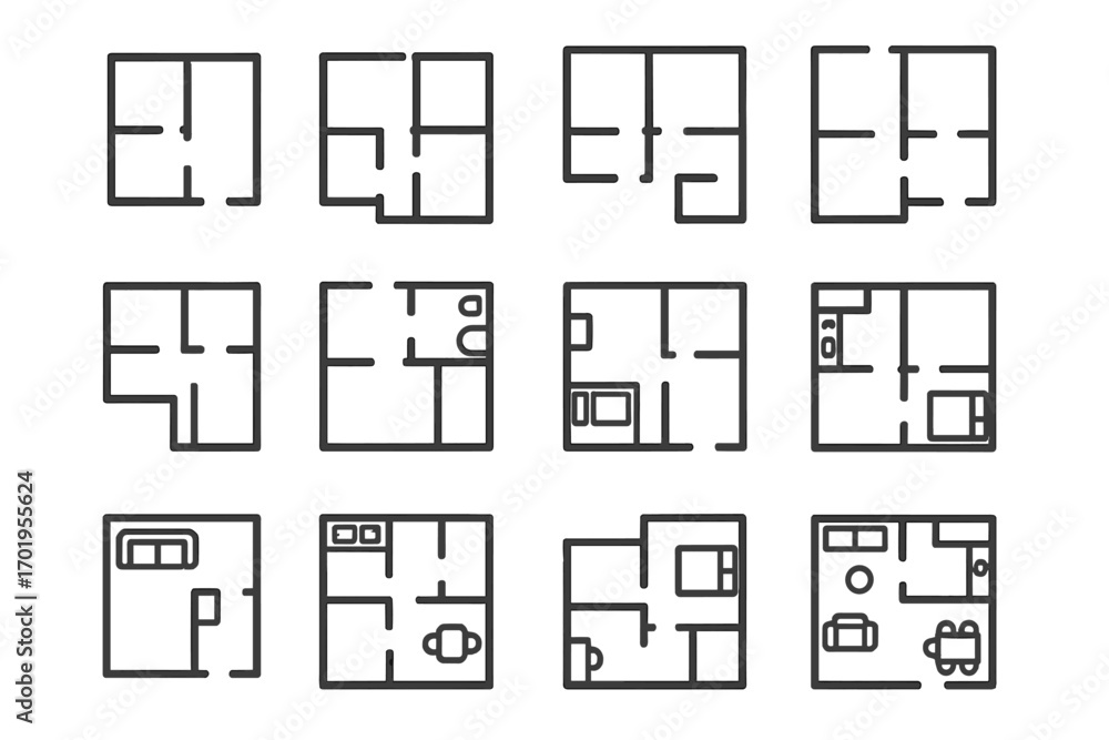 Poster floor plan icon set. thin line vector collection of apartment layouts with furniture. architecture b
