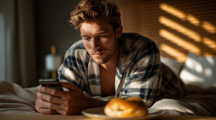 A young man in soft flannel pajamas chats with friends on his smartphone lounging on his bed morning light warm through wooden blinds a half eaten bagel on a plate beside him
