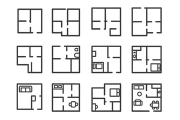 Floor plan icon set. Thin line vector collection of apartment layouts with furniture. Architecture blueprint for real estate. House design and interior schematic symbols.