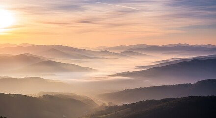 Mountain Range with Fog at Sunset