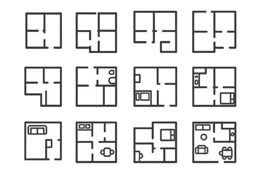 Floor plan icon set. Thin line vector collection of apartment layouts with furniture. Architecture blueprint for real estate. House design and interior schematic symbols.
