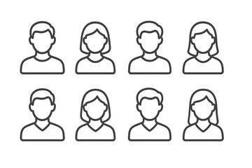 User avatar icon set. Male and female profile symbols. People head silhouette pack. Simple person bust for web, social media, app. Thin line art design. Editable stroke vector.