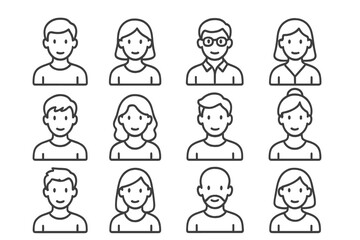 People avatar collection. Male and female user profile icon set. Outline person character headshot illustration for social media and web design. Simple linear vector with editable stroke.