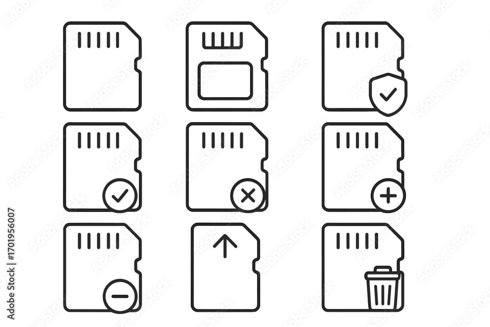 Poster microsd memory card outline icon collection. simple linear vector images for data storage concepts. 