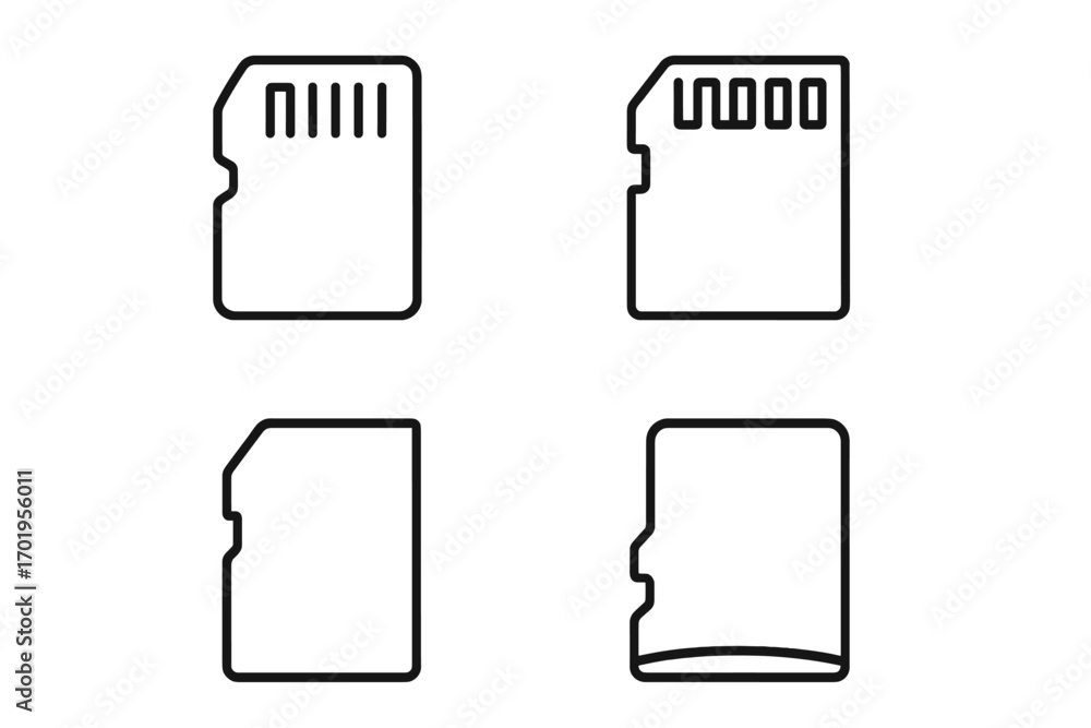 Poster microsd memory card vector icon set. editable stroke line art symbols for data storage. flash drive 