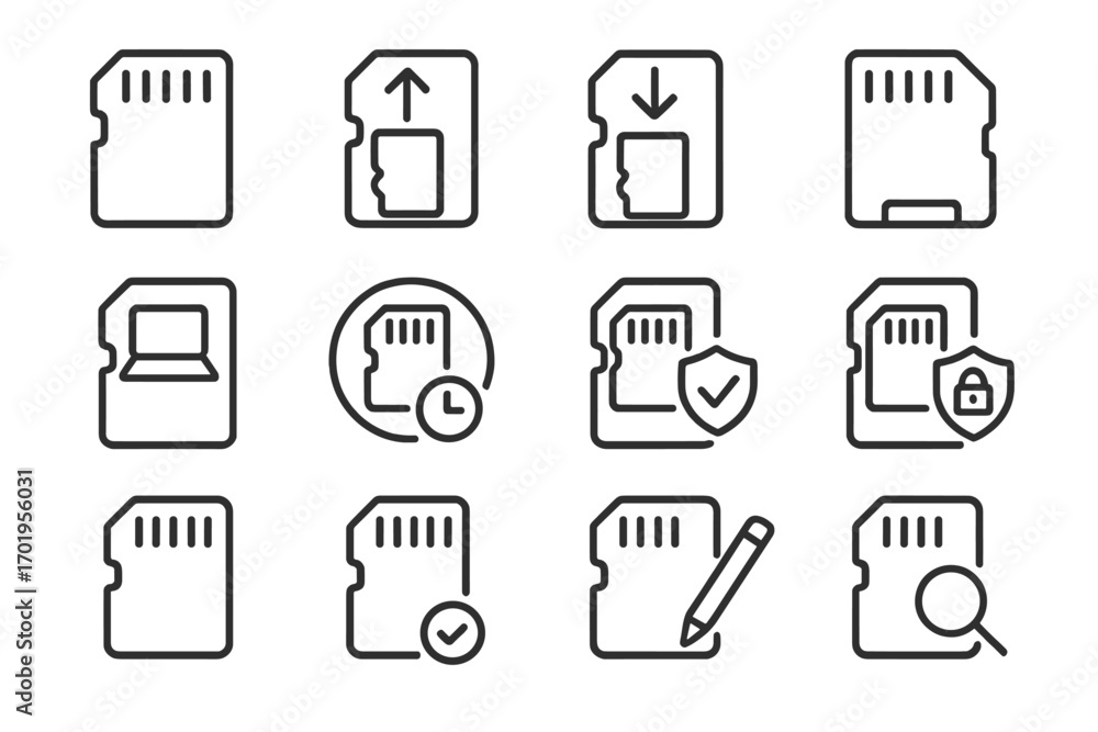 Aufkleber microsd memory card vector line icon set. data storage, flash drive, security and transfer symbols. 