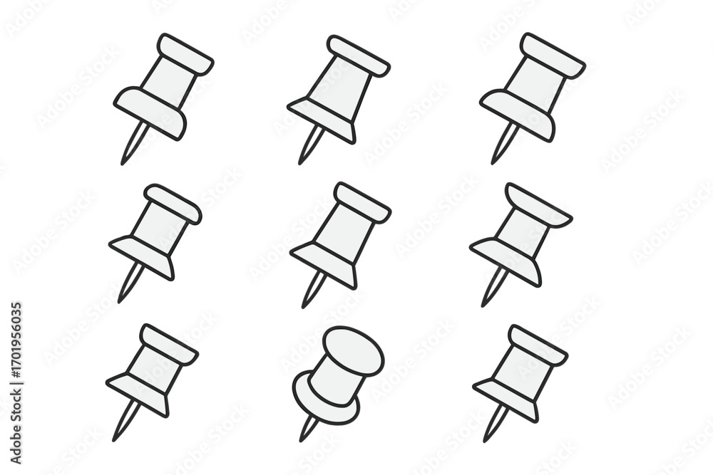 Poster push pin icon set. thumbtack line art collection for office and stationery concepts. vector drawing 
