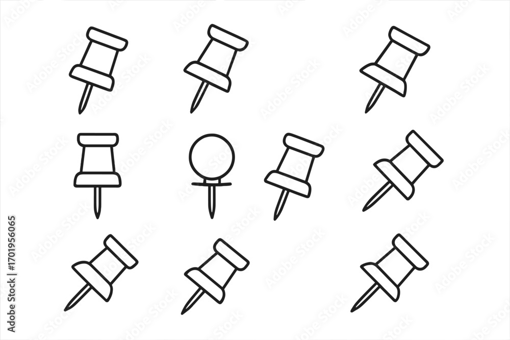 Poster push pin and thumbtack line icon set. drawing pin and map tack vector collection. office supply stat