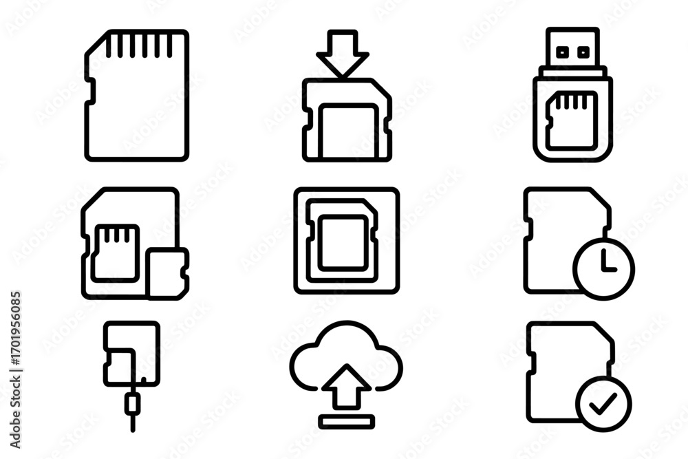 Aufkleber memory card line icon set. microsd, sd adapter, usb flash drive reader. data storage, transfer, back