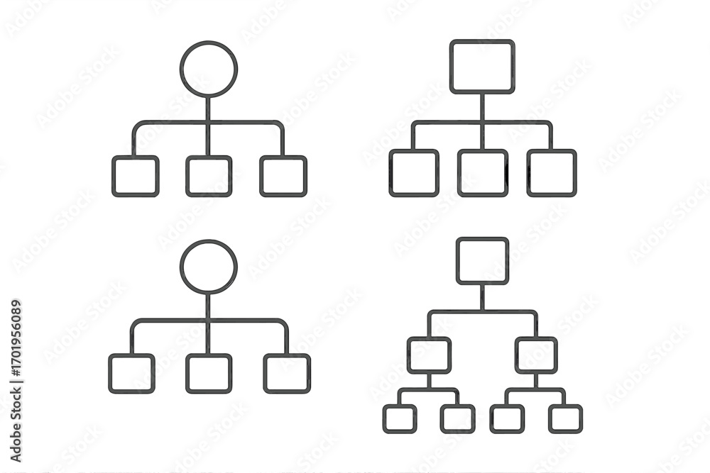 Aufkleber mind map and hierarchy icon set for business structure and organization. vector flowchart and diagra